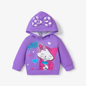 Baby Girls Childlike Cat Animal print Bowknot design Hooded Pullover #1206555