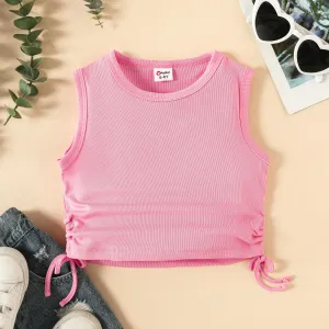 Girl's Basic Sleeveless Drawstring Tight T-Shirt in Polyester-Spandex Blend