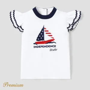 Indepence Day Toddler Girl Cotton Sailboat & Letter Embroidered Ruffle-sleeve T-shirt #1032608