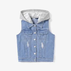 Kid Boy/Girl Solid Color Hooded Denim Vest #1078400