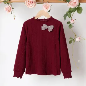 Kid Girl 3D Bowknot Design Cable Knit Textured Mock Neck Long-sleeve Tee #209614
