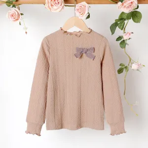 Kid Girl 3D Bowknot Design Cable Knit Textured Mock Neck Long-sleeve Tee #209621
