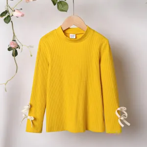 Kid Girl 3D Bowknot Design Mock Neck Solid Color Cotton Long-sleeve Tee #215146