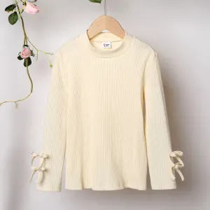 Kid Girl 3D Bowknot Design Mock Neck Solid Color Cotton Long-sleeve Tee #215156