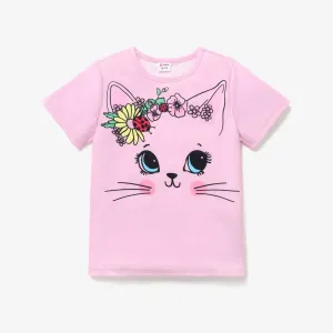 Kid Girl Animal Cat Floral Print Short-sleeve Tee #198532