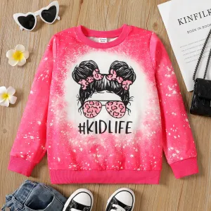 Kid Girl Cartoon Tie Dyed/ Leopard Print Pullover Sweatshirt #203626