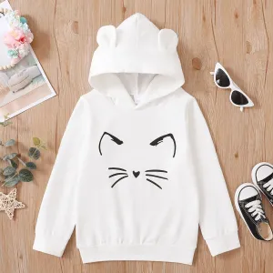 Kid Girl Cat Print Ear Design Solid Hoodie Sweatshirt #1103362