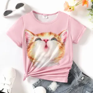 Kid Girl Cute Cat Print Short-sleeve Top #845016