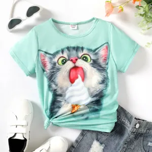 Kid Girl Cute Cat Print Short-sleeve Top #845022