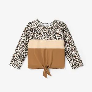 Kid Girl Leopard Print Colorblock Tie Knot Long-sleeve Tee #1166278