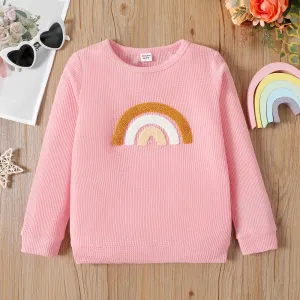 Kid Girl Rainbow Embroidered Waffle Pullover Sweatshirt #830065