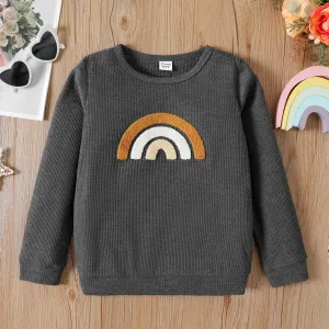 Kid Girl Rainbow Embroidered Waffle Pullover Sweatshirt #830071