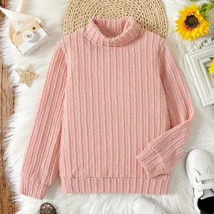 Kid Girl Solid Color Turtleneck Textured Knit Sweatshirt #831087