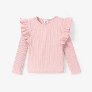 Kid Girl Solid Ruffle T-Shirt Long Sleeve Set #1192505