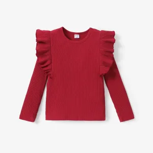 Kid Girl Solid Ruffle T-Shirt Long Sleeve Set #1192511