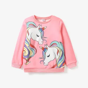 Kid Girl Unicorn Print Fleece Lined Pink Pullover Sweatshirt #1193672