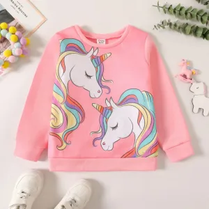 Kid Girl Unicorn Print Fleece Lined Pink Pullover Sweatshirt #1258305