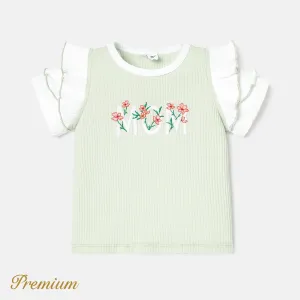 Baby Girl Cotton Letter Embroidered Flutter-sleeve Ribbed Tee #880190