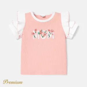 Baby Girl Cotton Letter Embroidered Flutter-sleeve Ribbed Tee #880199