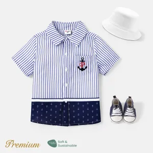 Toddler Boy Anchor & Stripe Print Colorblock Patch Pocket Shirt #1038393