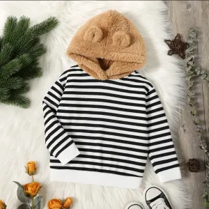 Toddler Boy Stripe/Solid Color Ear Design Fuzzy Hoodie Sweatshirt #195127
