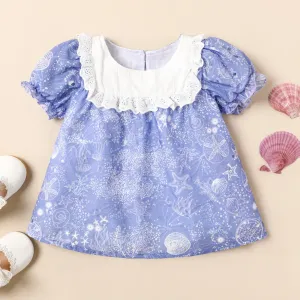 Toddler Girl Allover Ocean Print Ruffled Puff-sleeve Blouse #1033216