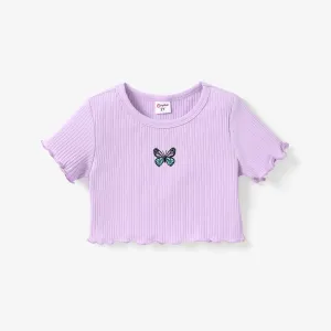 Toddler Girl Butterfly Embroidered Lettuce Trim Cotton Rib-knit Tee #1037392