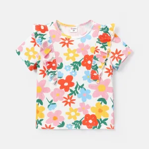 Toddler Girl Cotton Floral Print Ruffled Short-sleeve Tee #803320