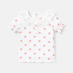 Toddler Girl Cotton Polka dots Button Design Flounce Short-sleeve Tee #788997