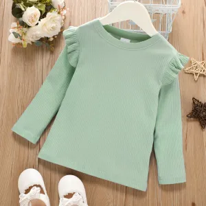 Toddler Girl Ruffled Casual Solid Ribbed Long-sleeve Top #192161