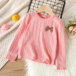 Toddler Girl Solid Color Bowknot Design Textured Long-sleeve Tee #830591