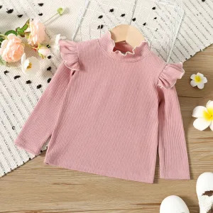 Toddler Girl Solid Color Ruffled Mock Neck Ribbed Long-sleeve Tee #208395