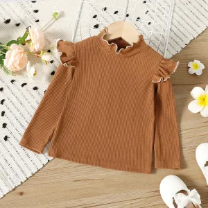 Toddler Girl Solid Color Ruffled Mock Neck Ribbed Long-sleeve Tee