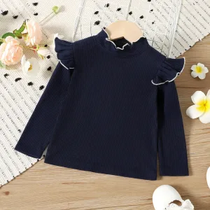 Toddler Girl Solid Color Ruffled Mock Neck Ribbed Long-sleeve Tee #208413