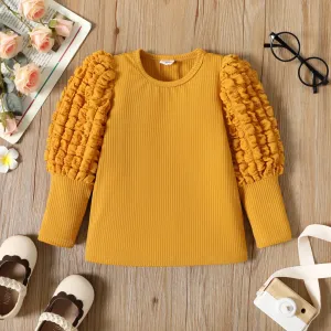 Toddler Girl Textured Ribbed Long Puff-sleeve Solid Color Tee