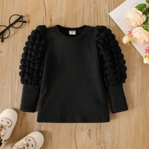 Toddler Girl Textured Ribbed Long Puff-sleeve Solid Color Tee #211038