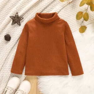Toddler Girl Turtleneck Ribbed Solid Color Long-sleeve Tee for Spring and Autumn #195023