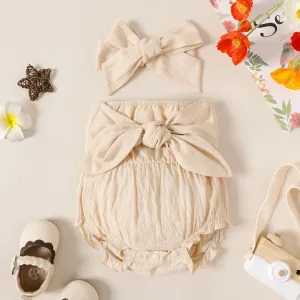 100% Cotton 2pcs Baby Girl Solid Knot Front Off Shoulder Strapless Romper with Headband Set #201449