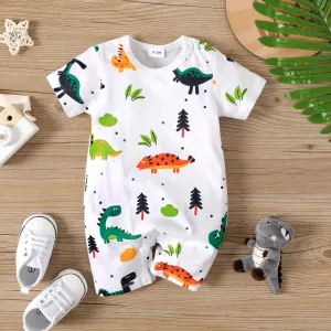 100% Cotton Baby Boy Allover Cartoon Dinosaur Print Short-sleeve Romper