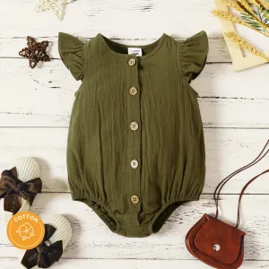 100% Cotton Baby Girl Solid Flutter-sleeve Button Up Romper #803087