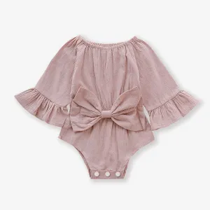 100% Cotton Solid Bowknot Decor Long-sleeve Baby Romper #1268998