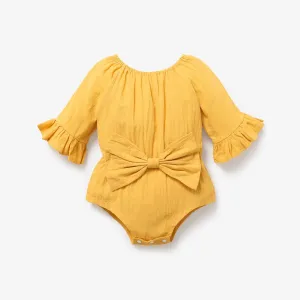 100% Cotton Solid Bowknot Decor Long-sleeve Baby Romper #1269020