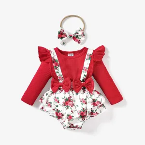 2Pcs 95% Cotton Baby Girl Sweet Plants and Floral 3D Bowknot Long Sleeve Romper #1059528