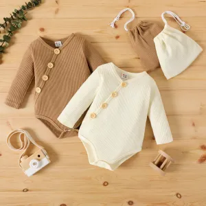 2pcs Baby Boy/Girl Button Front Solid Waffle Long-sleeve Romper with Drawstring Bag Set #815193