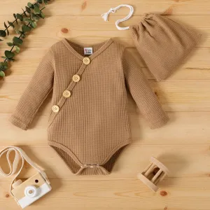 2pcs Baby Boy/Girl Button Front Solid Waffle Long-sleeve Romper with Drawstring Bag Set #815196