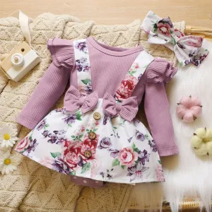 2pcs Baby Floral Print Ribbed Ruffle Long-sleeve Faux-two Romper Dress Set #1258299