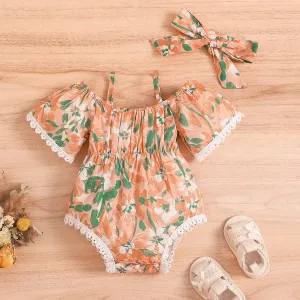 2pcs Baby Girl 100% Cotton Allover Floral Print Lace Short-sleeve Slip Bodysuit and Headband Set #1042730
