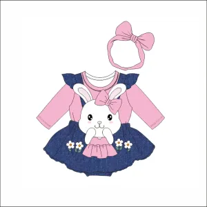 2pcs Baby Girl 100% Cotton Bear Graphic Ruffle Trim Long-sleeve Faux-two Romper & Headband Set
