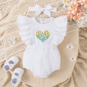 2pcs Baby Girl 100% Cotton Floral Embroidered Ruffle-sleeve Bodysuit and Headband Set #1046203
