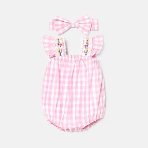 2pcs Baby Girl 100% Cotton Pink Gingham Lace Detail Flutter-sleeve Romper & Headband Set #788783